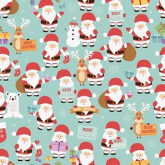 Christmas seamless pattern with santa claus, reindeer, bear and gifts