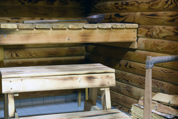 Fototapeta na wymiar Traditional Finnish sauna with burned wooden walls. Horizontal close up image.