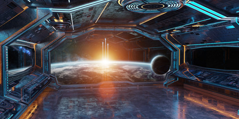 Grunge Spaceship interior with view on planet Earth 3D rendering