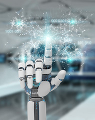 White humanoid hand using digital globe hud interface 3D rendering