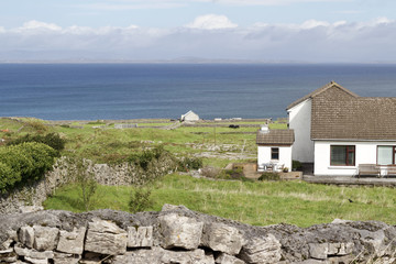View of a rural Irish countryside on a sunny day with blue sky and ocean background