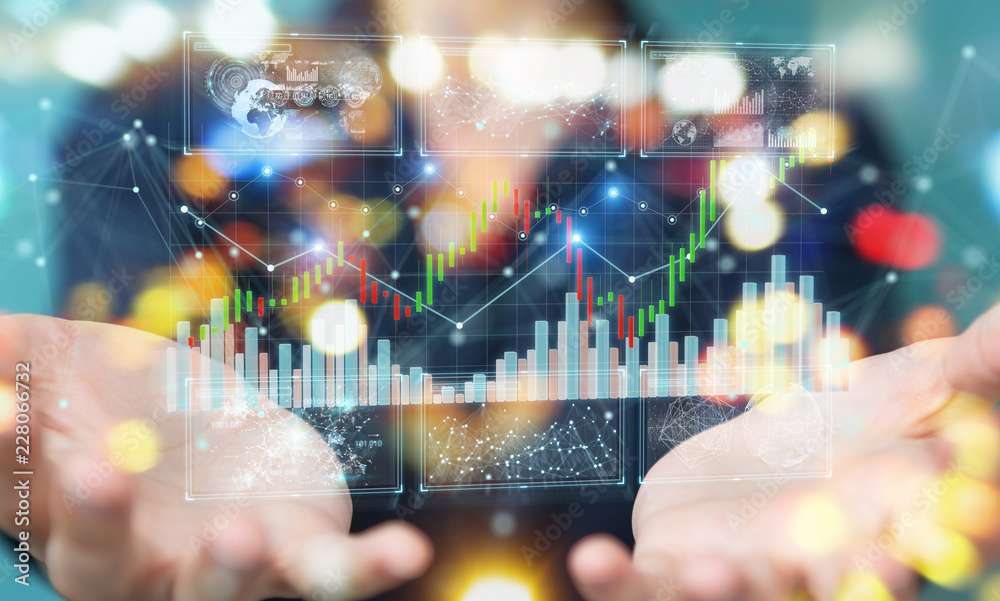 Poster Businessman using 3D rendering stock exchange datas and charts