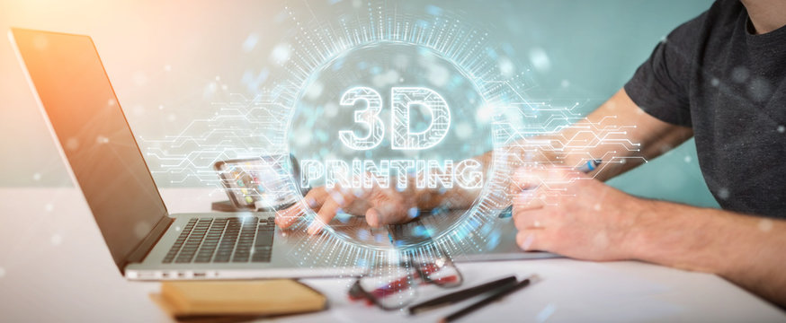 Graphic designer using 3D printing digital hologram 3D rendering
