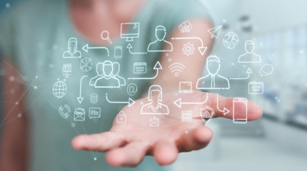 Businesswoman using thin line social network icons interface