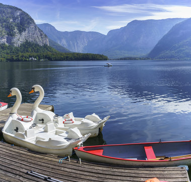 Paddle boats for rent on Lake Hallstatt , Austria