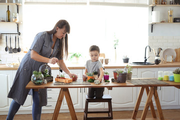 mother and son transplant plants at table