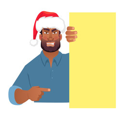 African man in hat holding blank banner.