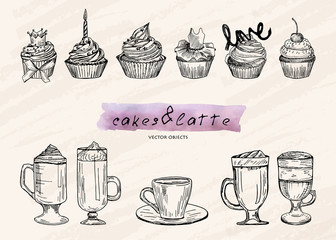 Vector illustration. Coffee cup and cakes vector set.