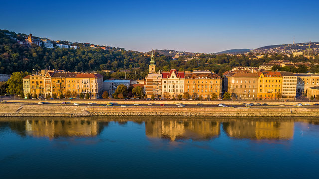 Budapest, Hungary - Aerial view of Buda riverside (Budai Rakpart) at sunrise with clear blue sky