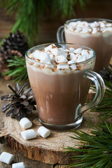 Cocoa with marshmallows in glass mugs on a wooden background