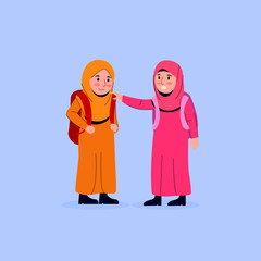 Obraz premium Little Arabian Child is Calming her Friend Flat Vector Doodle Illustration