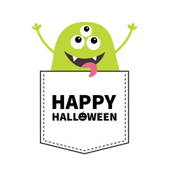 Happy Halloween. Green monster silhouette in the pocket. Hands up. Cute cartoon scary funny character. Baby collection. T-shirt design. Eyes, fang tooth, tongue. White background. Flat design.