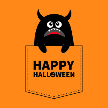 Happy Halloween. Black monster silhouette in the pocket. Holding hands. Cute cartoon scary funny character. Baby collection. T-shirt design. Eyes, horns, fangs. Orange background. Flat design.