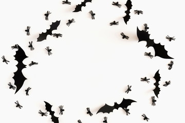 Halloween decorations concept. Halloween bats on white background. Flat lay, top view, copy space 
