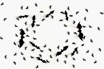 Halloween decorations concept. Halloween bats on white background. Flat lay, top view, copy space 