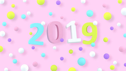 2019 New Year wallpaper. 3d background. Abstract shapes 3d. Year of Earth Pig. Winter holiday. Happy New Year poster. Minimalism. Trendy modern illustration. Render.