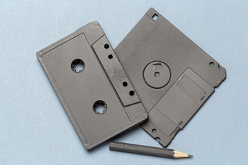 Pencil tool to rewind the tape cassettes on light gray background