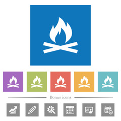 Camp fire flat white icons in square backgrounds