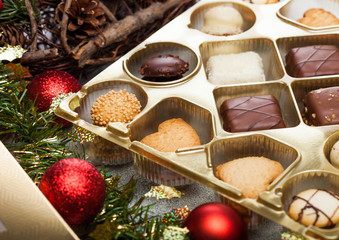 Luxury belgian christmas chocolate and biscuit cookies selection in box with christmas and new year...