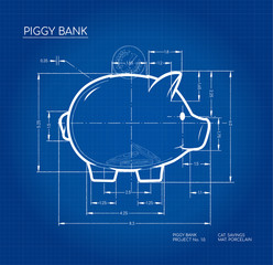 Project - blueprint scheme of piggy bank. Working sketch of money container in cute pig form with dimensions.