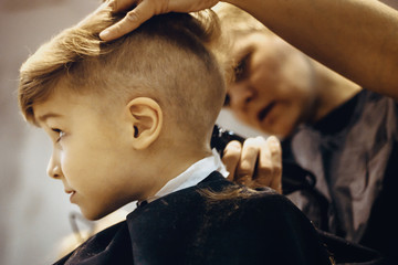 Little boy getting a haircut at barber shop.