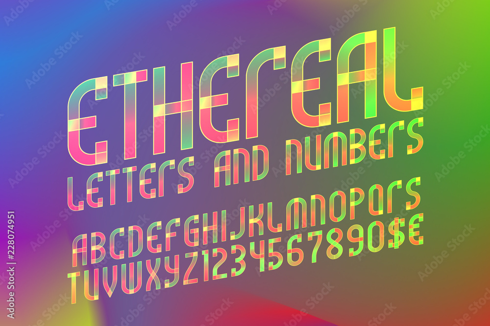 Fototapete Ethereal alphabet with numbers and currency symbols. Colorful translucent font on iridescent background.