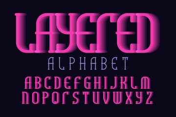 Layered alphabet. Pink shades artistic font. Isolated english alphabet.