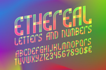 Ethereal alphabet with numbers and currency symbols. Colorful translucent font on iridescent background.