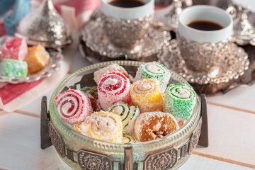 Turkish delight on a wooden table