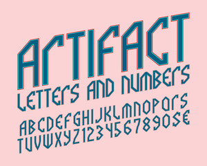 Artifact alphabet with numbers and currency symbols. Mythological style font.