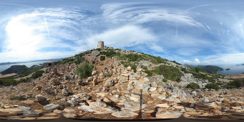 360 degree spherical panorama from ancient watchtower Albercutx watchtower in Pollenca in the sierra de tramuntana of mallorca with view on the ocean - Spain