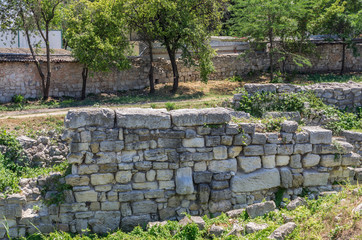 The ruins of the ancient city. Russia, the Republic of Crimea, the city of Sevastopol. 11.06.2018: The ruins of the ancient and medieval city of Chersonese Tauride