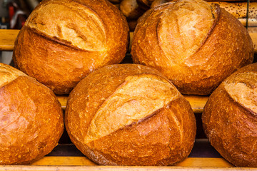 Artisan bread on sale in a bakery.