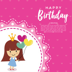 Cartoon cute girl with a balloon. Birthday card.