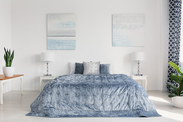 Two painting on the wall of elegant bright bedroom interior with cozy bedding and white furniture