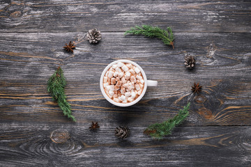 Cup of hot cocoa with marshmallows on wooden background with evergreen branches, pine cones and anise stars. Traditional winter hot drink.