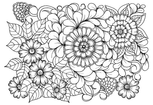 Page for coloring book. Outline flowers. Doodles in black and white
