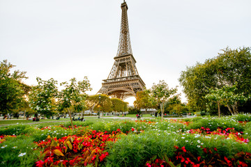 Sunset view on the Eiffel tower from Field of Mars in Paris