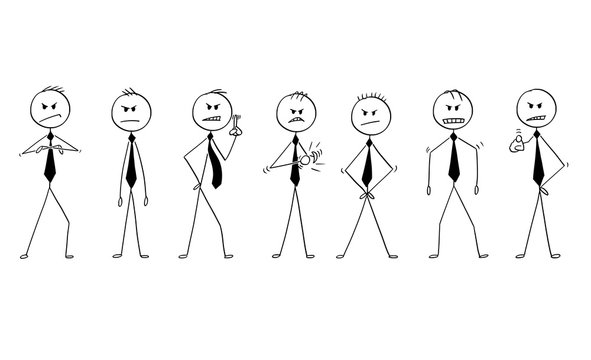 Cartoon Stick Drawing Conceptual Illustration Of Group Or Team Of Businessmen Or Politicians In Angry Poses. They Are Facing Camera And Showing Different Expression Of Anger.