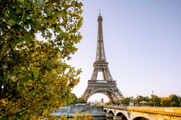 Fototapeta na wymiar View on the Eiffel tower on Seine river during the sunrise in Paris