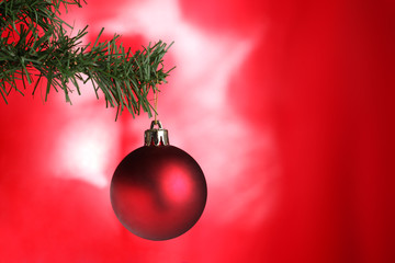 red christams ball on a branch tree on a red background
