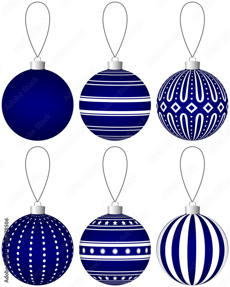 Poster collection of dark blue christmas balls with pattern hanging on a thread. vector eps 10