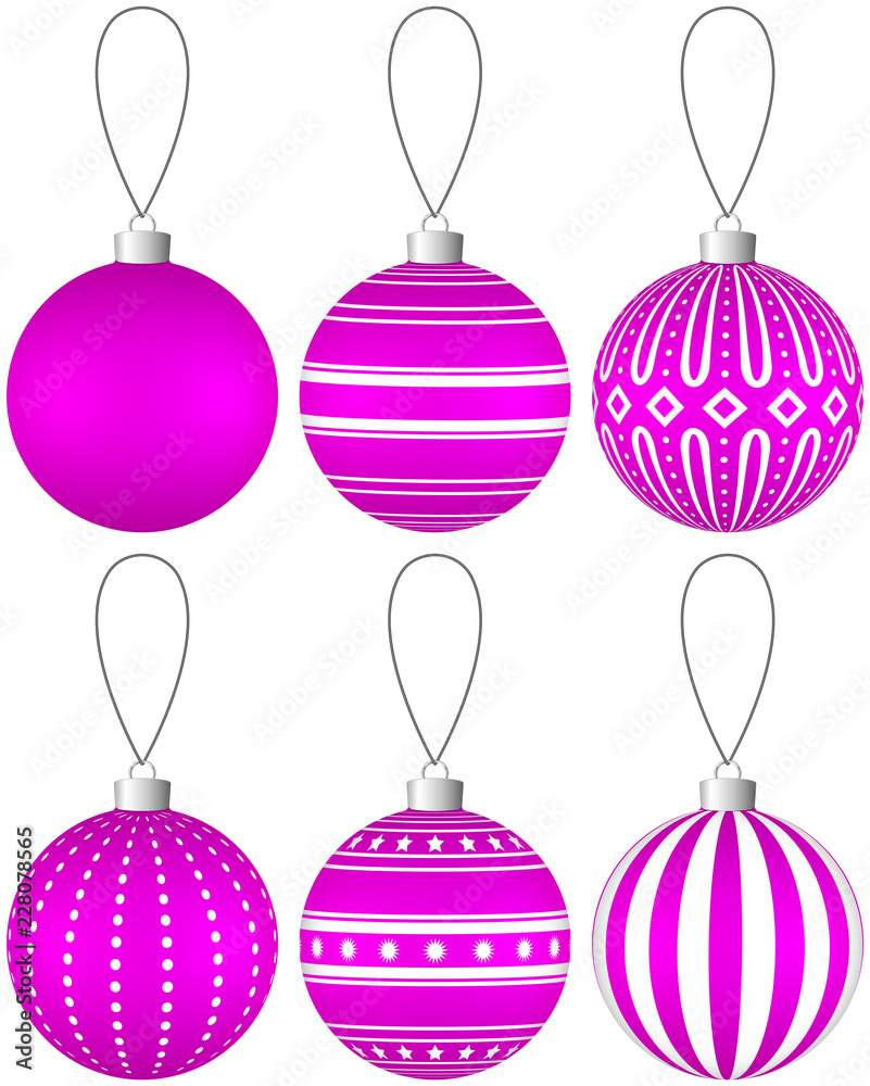 Poster collection of pink christmas balls with pattern hanging on a thread. vector eps 10