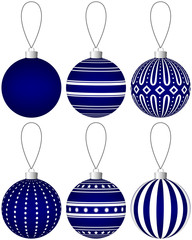 Collection of dark blue Christmas balls with pattern hanging on a thread. Vector EPS 10