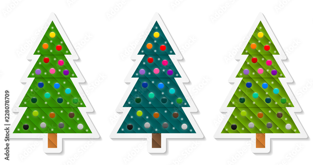 Poster set 4 of abstract geometric coniferous trees stickers decorated with colorful baubles. three shades 