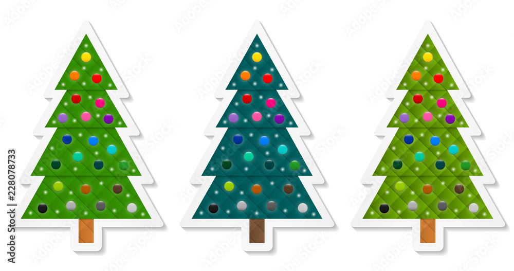 Poster set 5 of abstract geometric coniferous trees stickers decorated with colorful baubles. three shades 