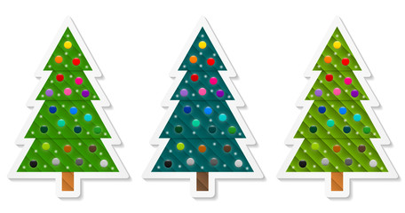 Set 4 of abstract geometric coniferous trees stickers decorated with colorful baubles. Three shades of green. Vector EPS 10