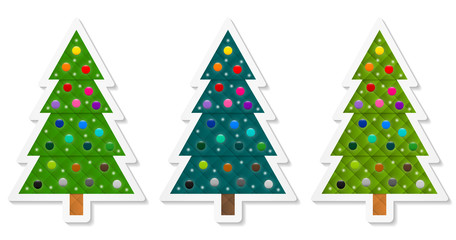 Set 5 of abstract geometric coniferous trees stickers decorated with colorful baubles. Three shades of green. Vector EPS 10
