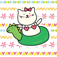 Cute cartoon doodle swimming cat in pool ring illustration