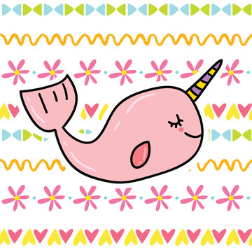 Cute cartoon doodle narwhal unicron whale illustration